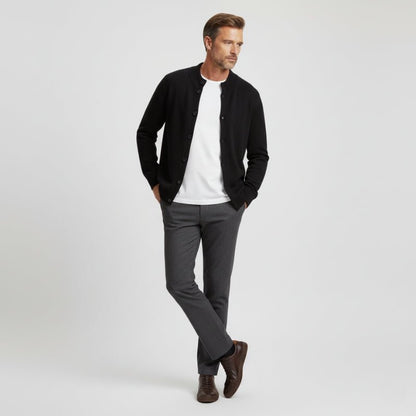 Refined button front knit jacket with ribbed detailing for men | Caelric