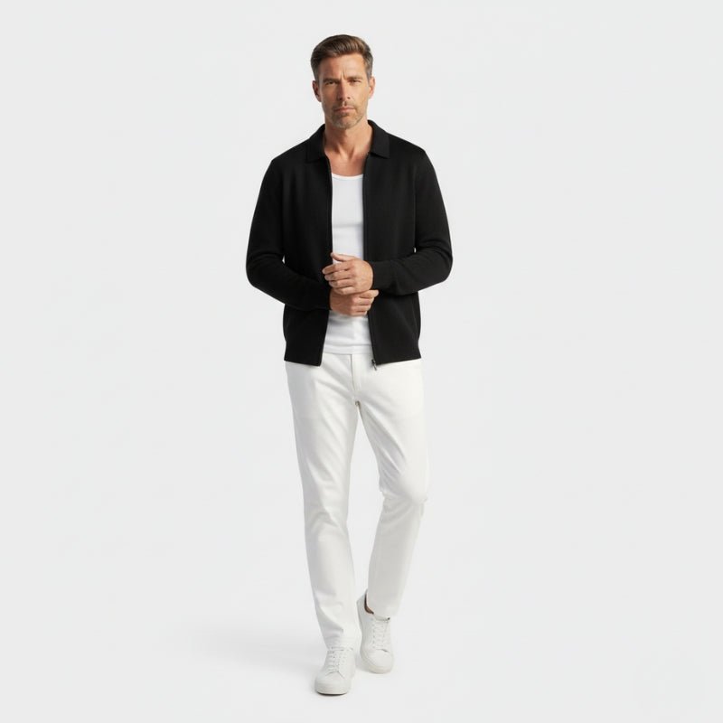 Refined zip up knit jacket with structured collar for men | Valenor