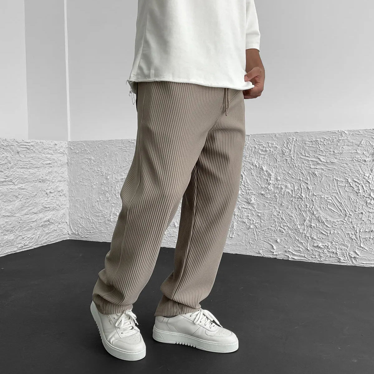 Relaxed straight leg ribbed knit pants with drawstring for men | Virel