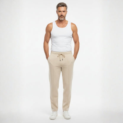 Relaxed fit knit drawstring pants with front seam detail for men | Solenne