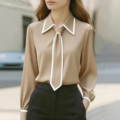 Contrast tie blouse with oversized collar and piping detail for women | Maison