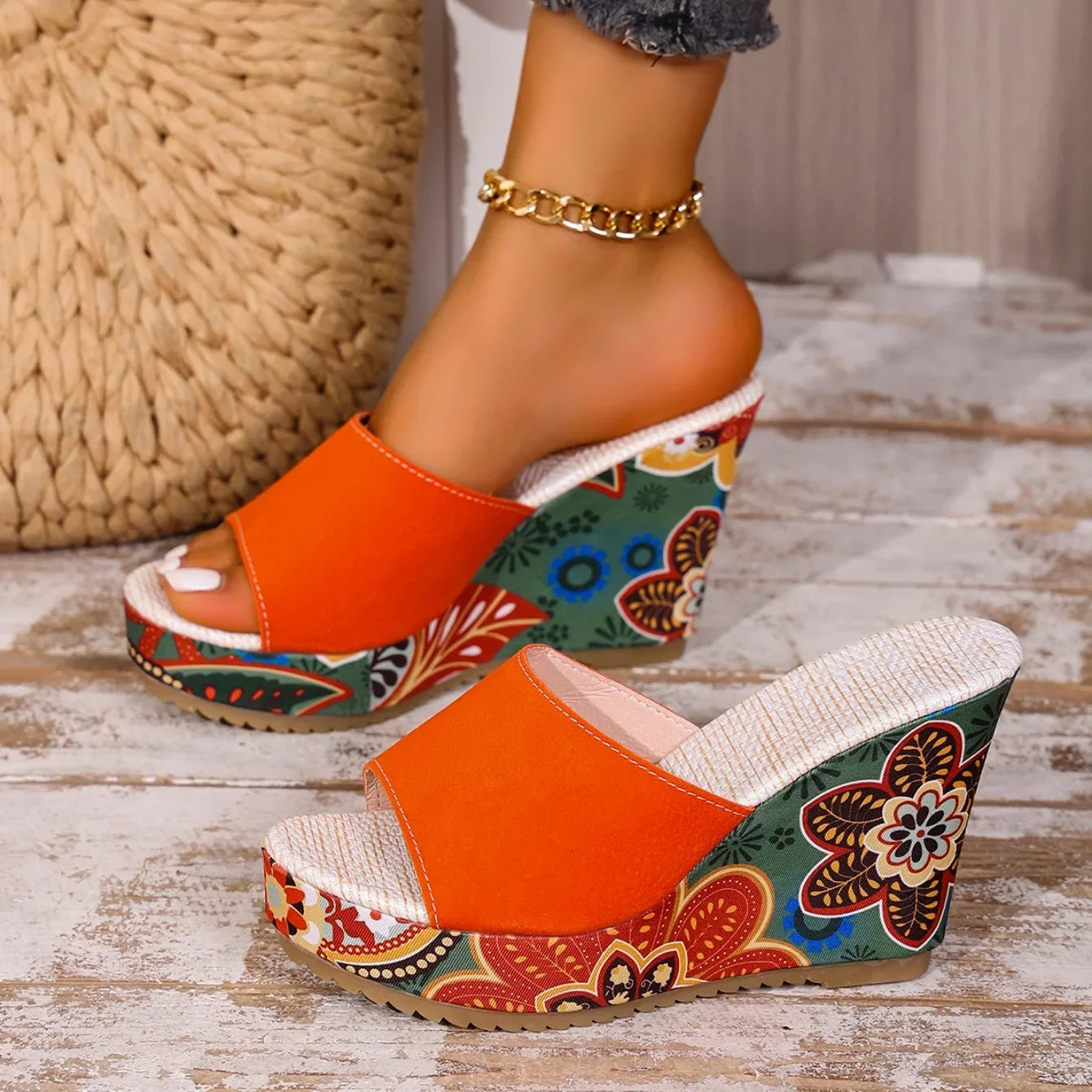Velvet wedge mule sandal with floral printed heel detail for women | Boheme