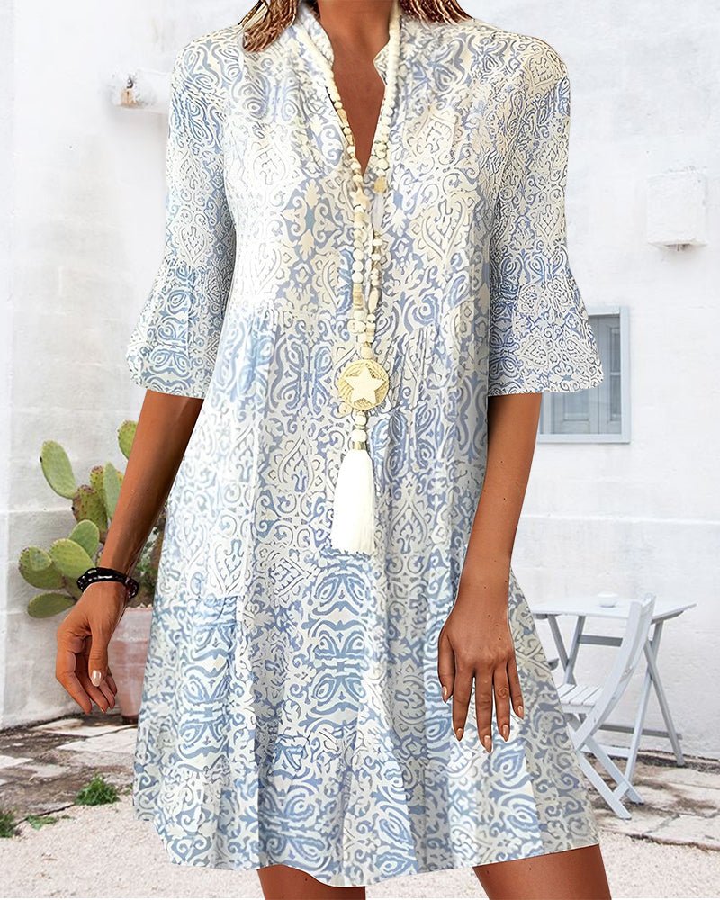 Boho print tunic dress with flared sleeves for women | Solene