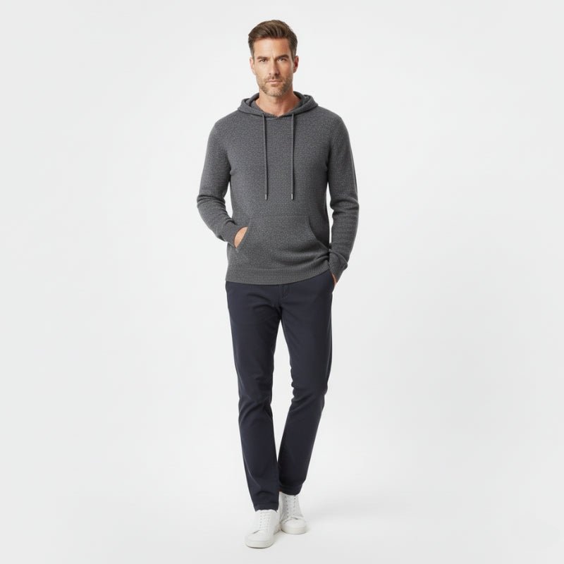 Tailored fit knit hoodie with ribbed detailing for men | Arvion
