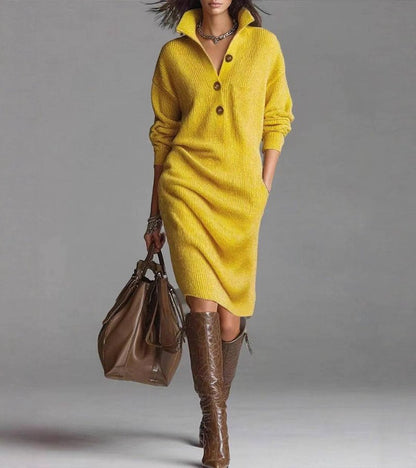 Warm long sleeve knit dress with high collar detail for women | Carmen