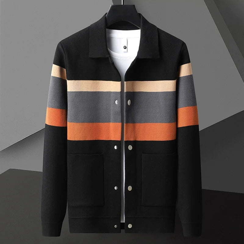 Striped varsity knit jacket with button up front detail for men | Camden