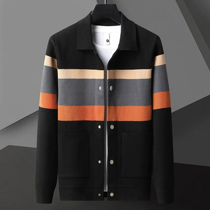 Striped varsity knit jacket with button up front detail for men | Camden
