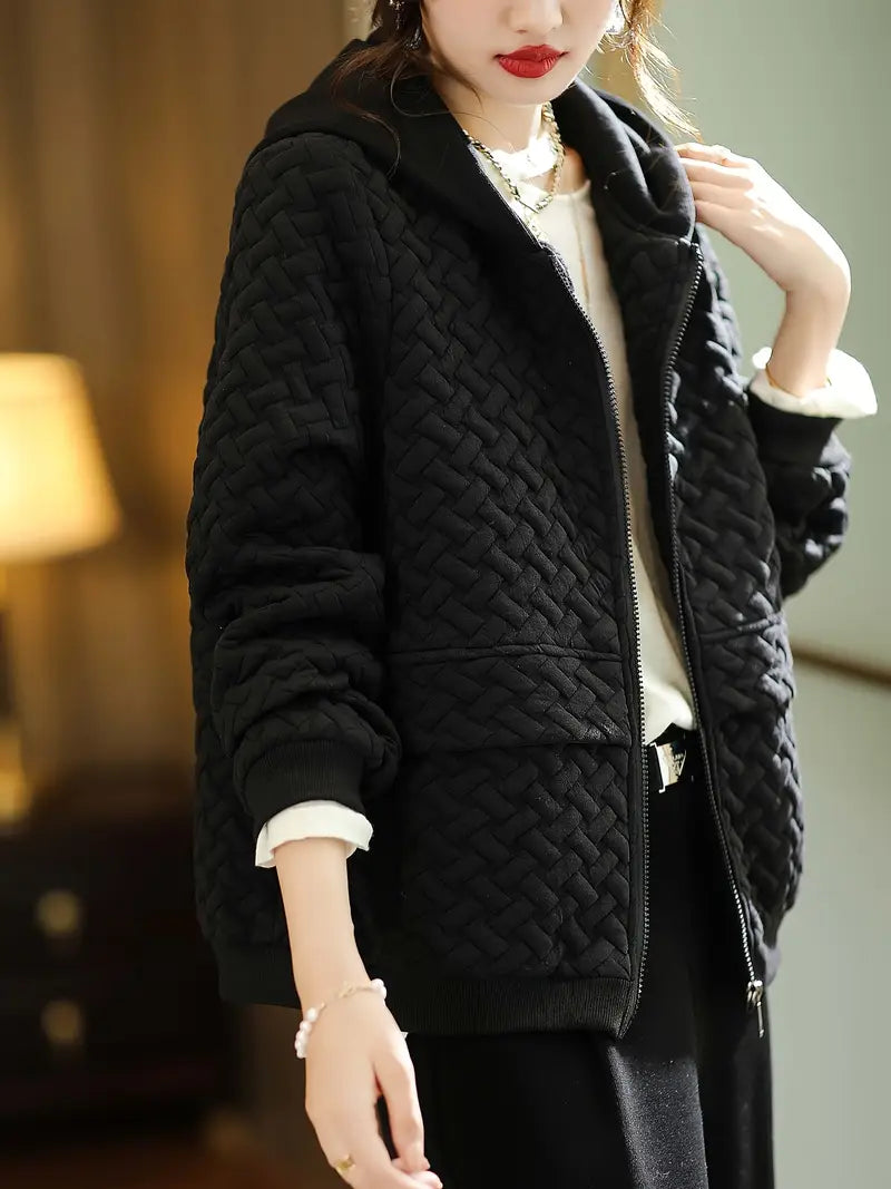 Quilted zip up hoodie with basketweave textured design for women | Mirelle
