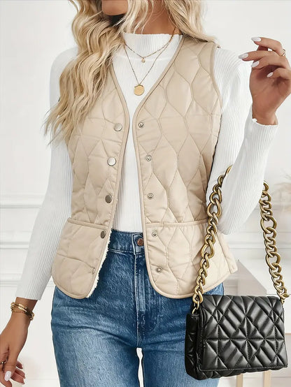 Quilted bomber vest with snap button front detail for women | Pique