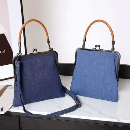 Frame top denim shoulder bag with structured silhouette design for women | Denim Theory