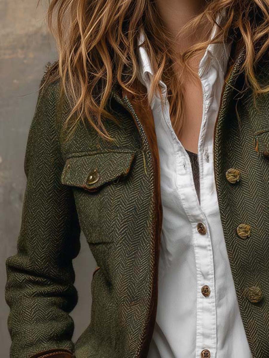 Herringbone tweed blazer with velvet trim for women | Brielle