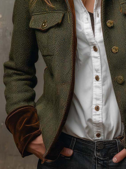 Herringbone tweed blazer with velvet trim for women | Brielle