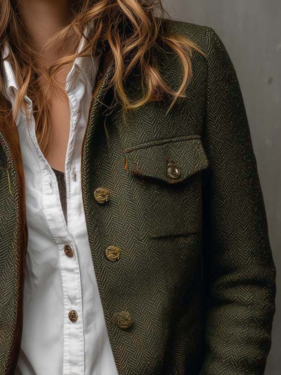 Herringbone tweed blazer with velvet trim for women | Brielle