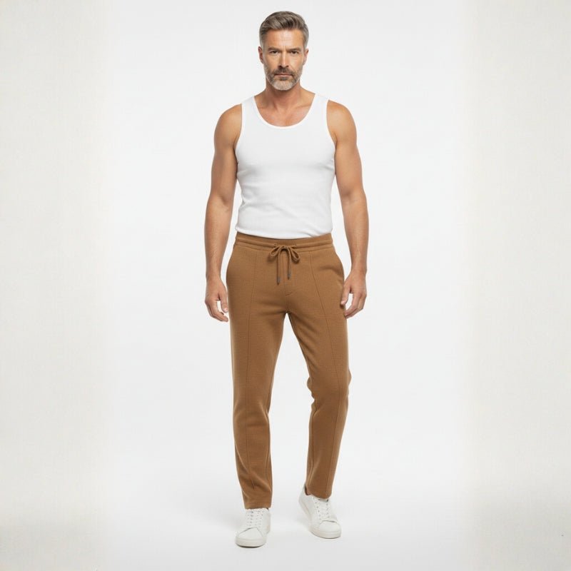 Relaxed fit knit drawstring pants with front seam detail for men | Solenne