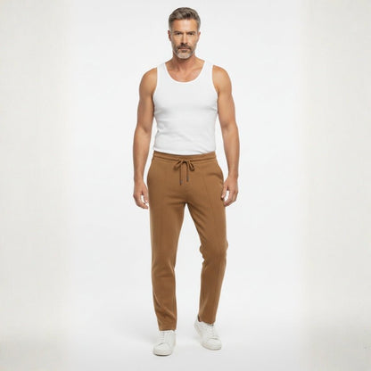 Relaxed fit knit drawstring pants with front seam detail for men | Solenne