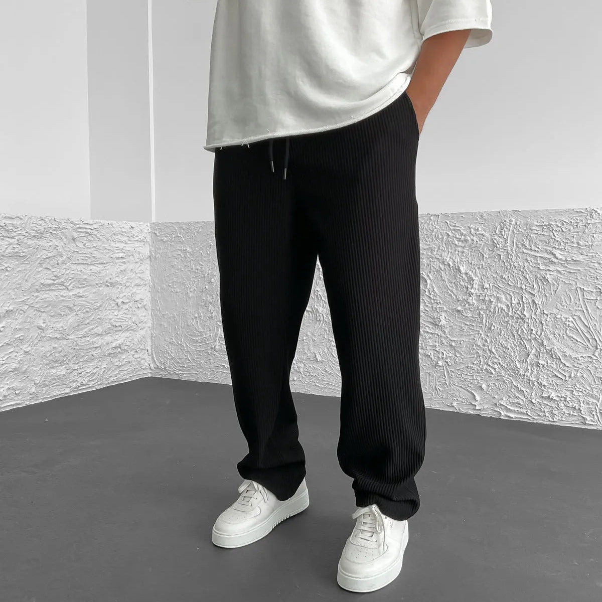 Relaxed straight leg ribbed knit pants with drawstring for men | Virel
