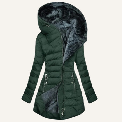 Winter hooded coat with asymmetrical zip and plush lining for women | Gina