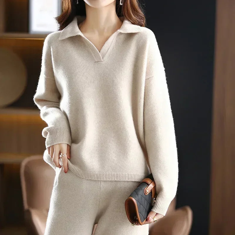 Relaxed two piece lounge set with polished collar detail for women | Clairmont