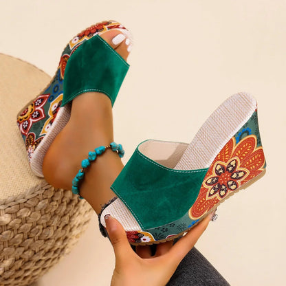 Velvet wedge mule sandal with floral printed heel detail for women | Boheme