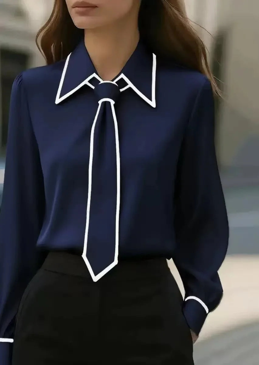 Contrast tie blouse with oversized collar and piping detail for women | Maison