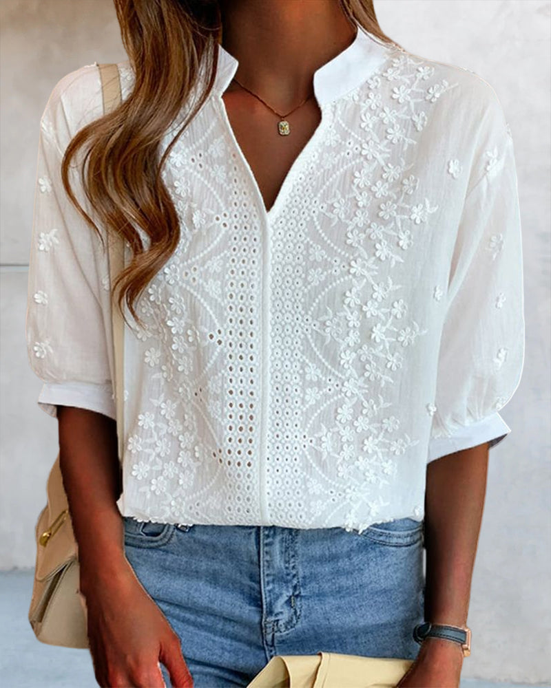 V-neck puff-sleeve patchwork blouse for women | Amélie -6