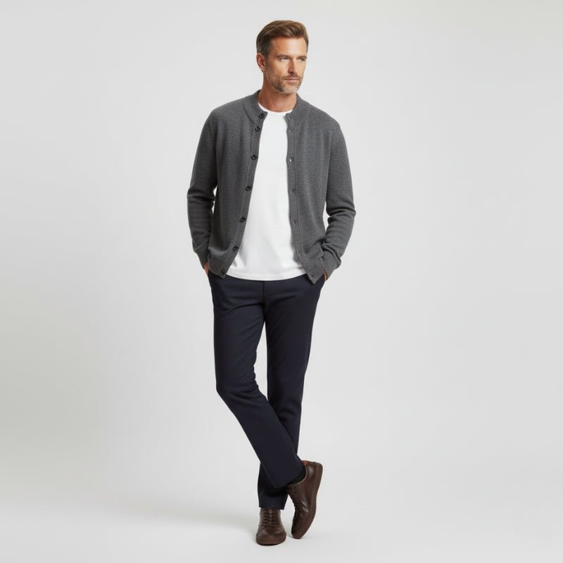 Refined button front knit jacket with ribbed detailing for men | Caelric