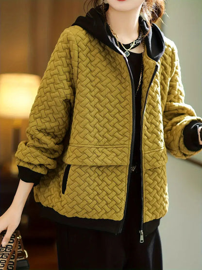 Quilted zip up hoodie with basketweave textured design for women | Mirelle