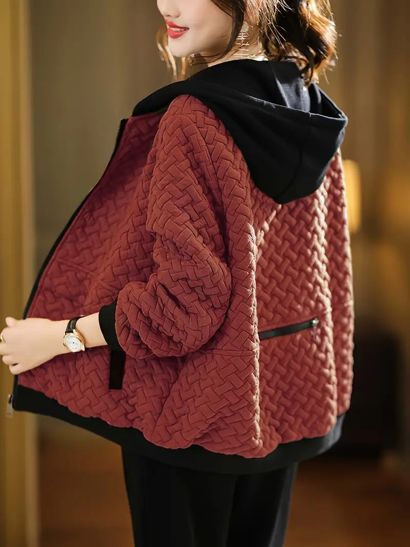 Quilted zip up hoodie with basketweave textured design for women | Mirelle