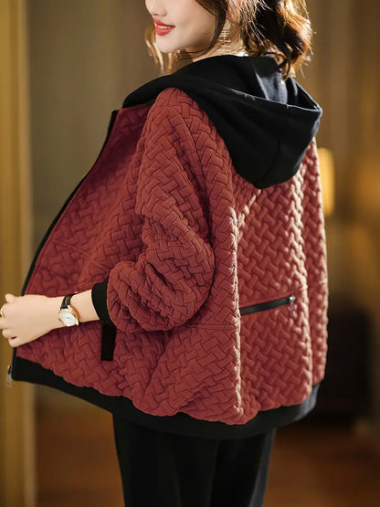 Quilted zip up hoodie with basketweave textured design for women | Mirelle
