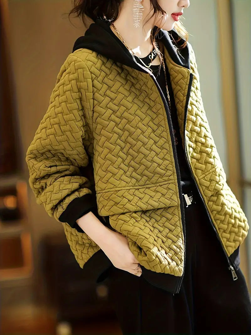Quilted zip up hoodie with basketweave textured design for women | Mirelle