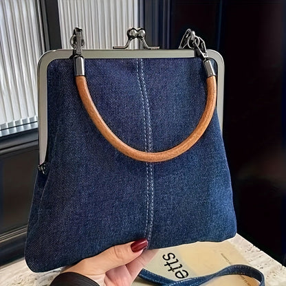 Frame top denim shoulder bag with structured silhouette design for women | Denim Theory