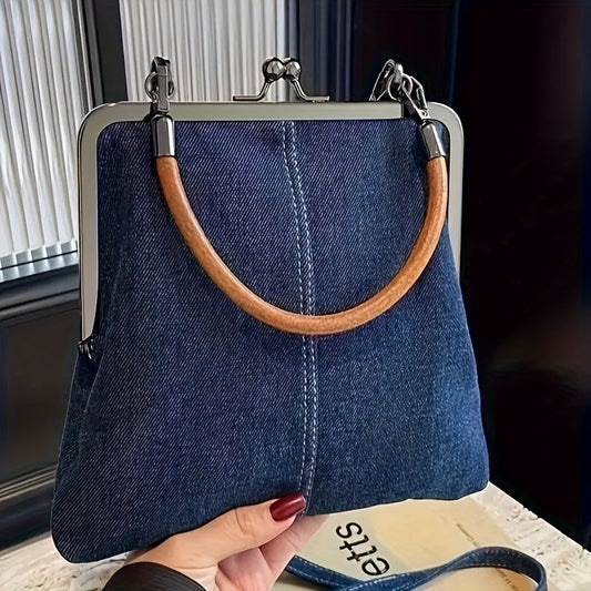 Frame top denim shoulder bag with structured silhouette design for women | Denim Theory