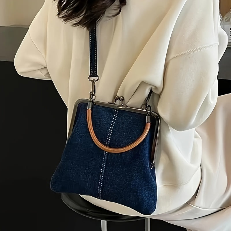 Frame top denim shoulder bag with structured silhouette design for women | Denim Theory