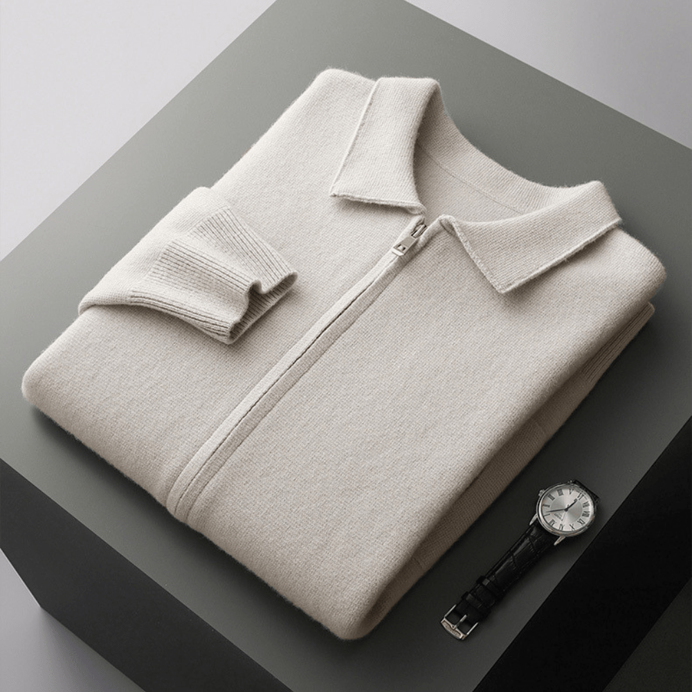 Refined zip up knit jacket with structured collar for men | Valenor