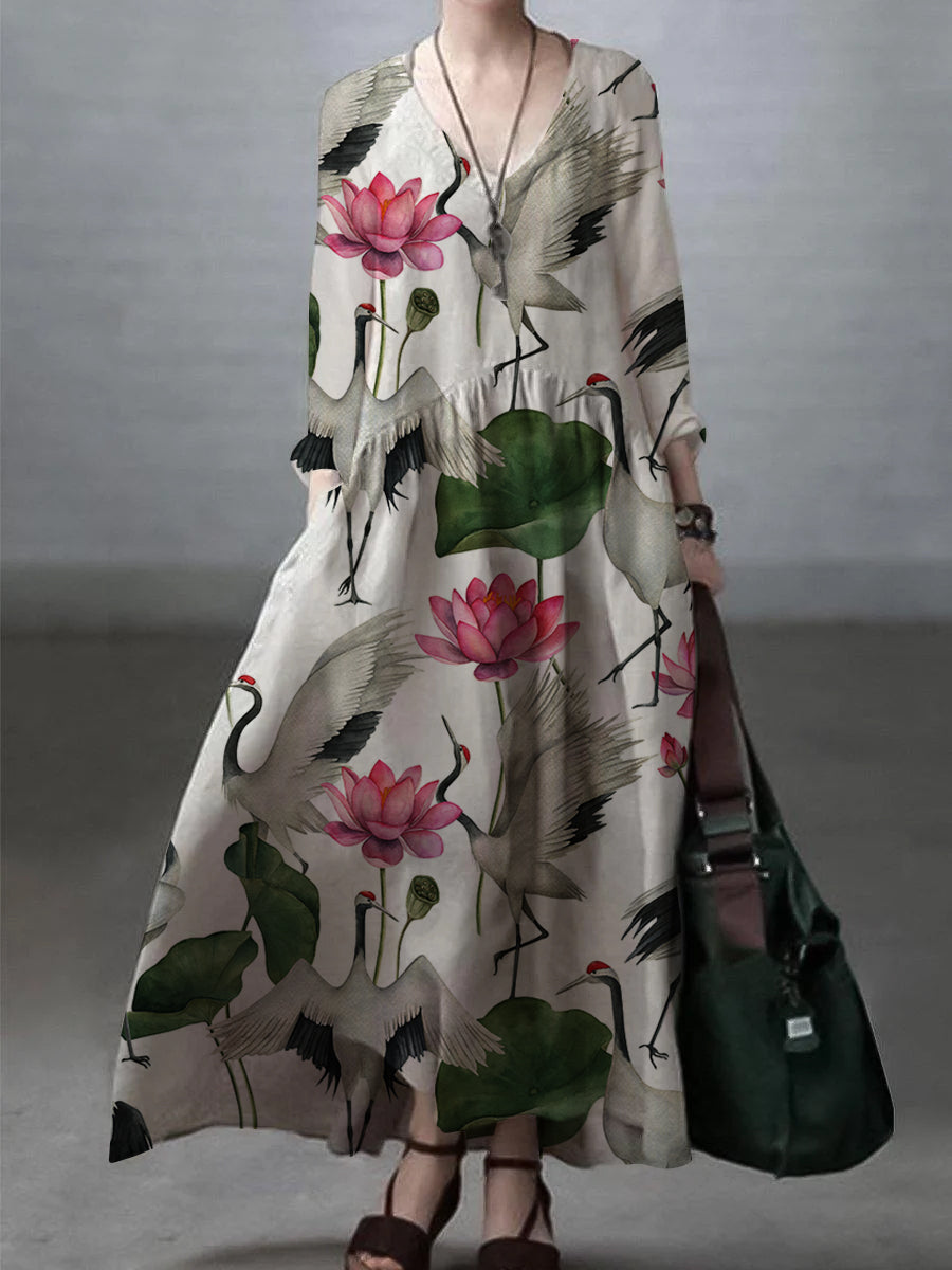 Relaxed v-neck linen casual dress for women -12