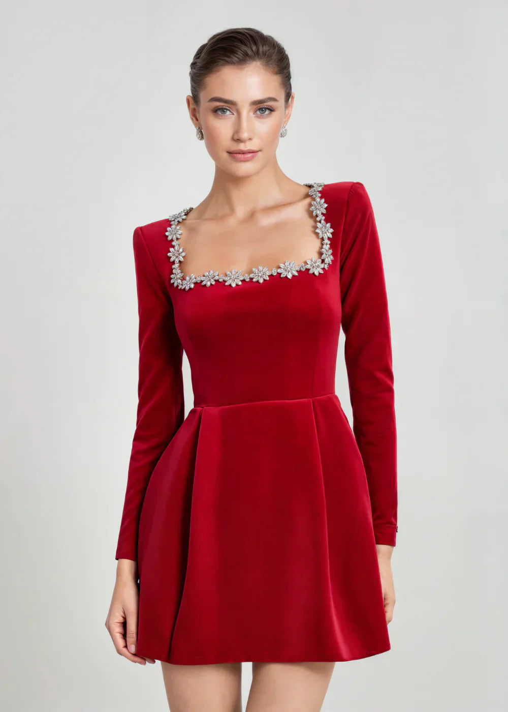Velvet mini dress with square neckline and flared skirt for women | Willow