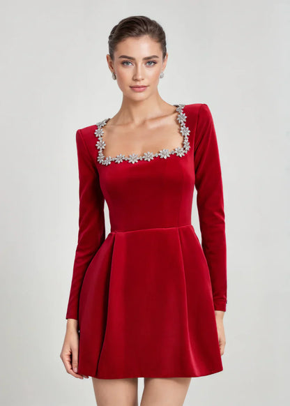 Velvet mini dress with square neckline and flared skirt for women | Willow