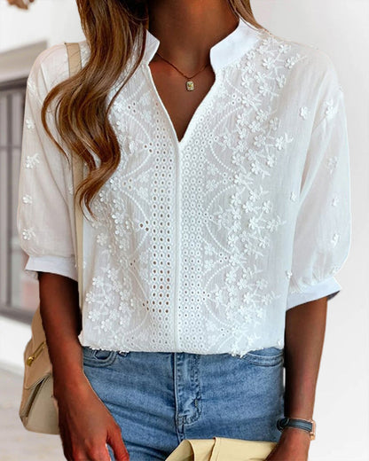 V-neck puff-sleeve patchwork blouse for women | Amélie -7
