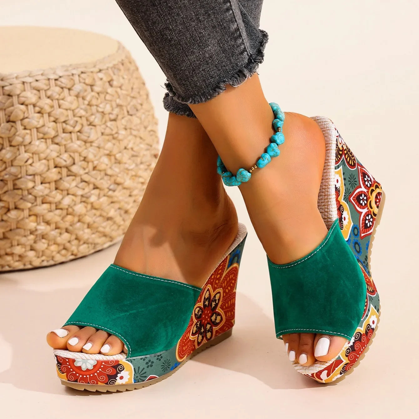 Velvet wedge mule sandal with floral printed heel detail for women | Boheme
