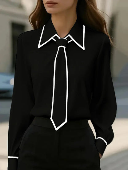 Contrast tie blouse with oversized collar and piping detail for women | Maison