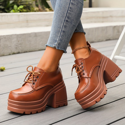 Platform lace up oxford shoes with chunky block heel for women | Vivienne