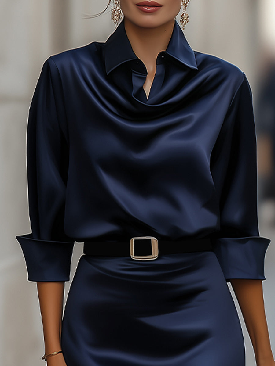 Elegant draped-collar midi dress with black belt for women | Navarre Éclipse