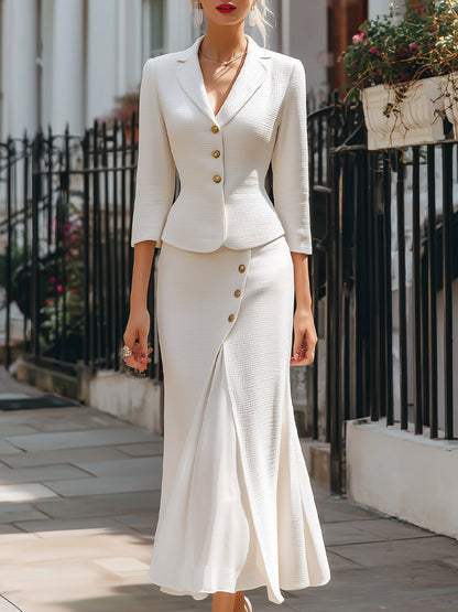 Elegant textured buttoned blazer and midi skirt set for women | Arlisse Noir