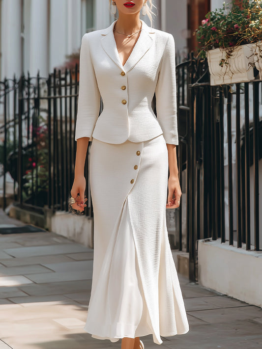 Elegant textured buttoned blazer and midi skirt set for women | Arlisse Noir