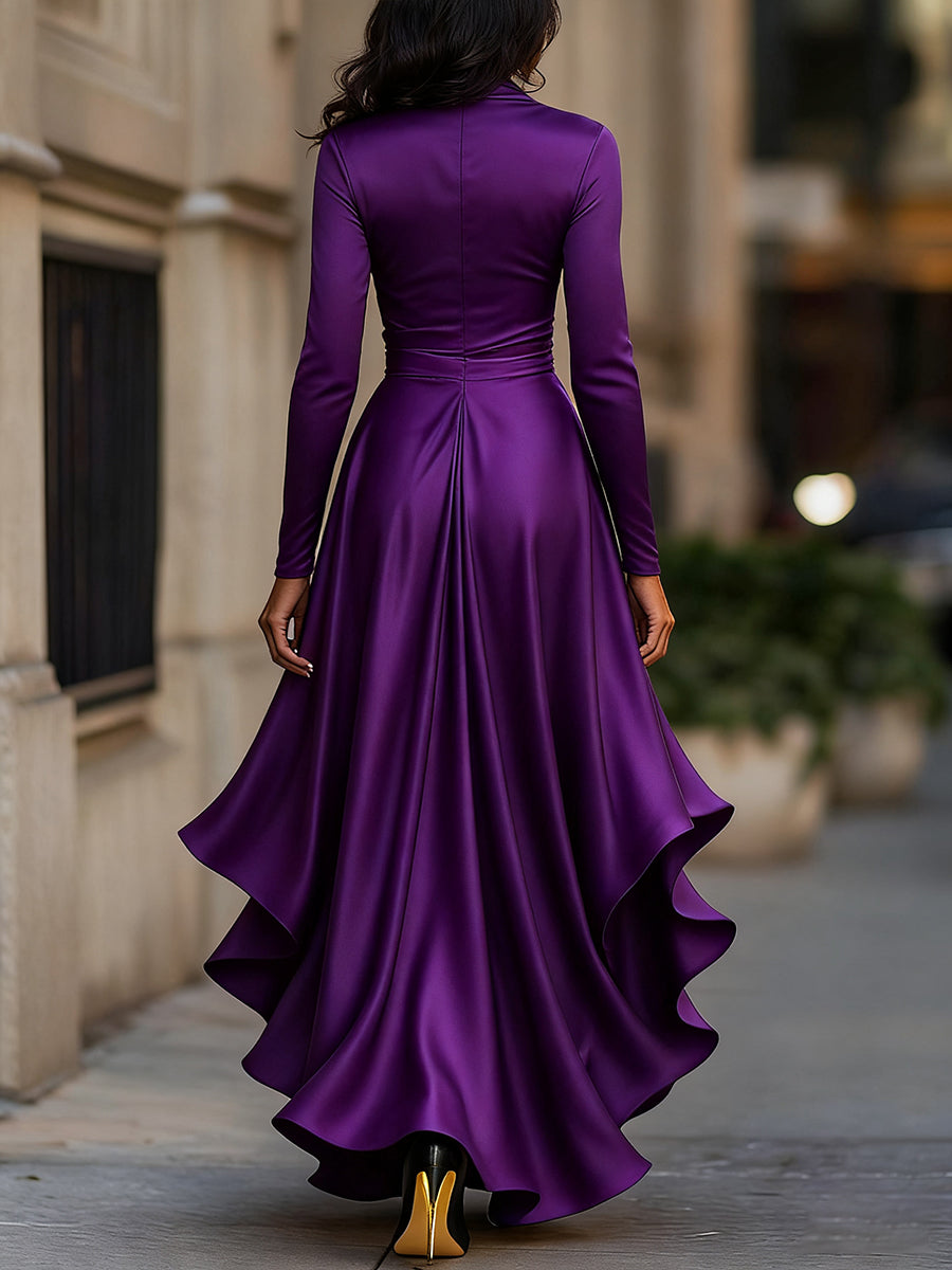 Midnight Blue Draped Maxi Dress with Ruffle Hem for women | Evelisse