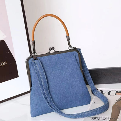 Frame top denim shoulder bag with structured silhouette design for women | Denim Theory