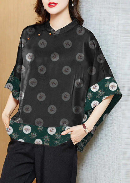 Vintage mandarin-collar jacquard silk blouse for women -8