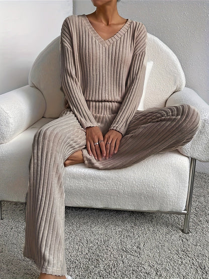 Ribbed knit lounge set with V neck top and wide leg pants for women | Chill