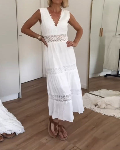 Elegant lace midi dress with V neck and open back for women | Aurélie
