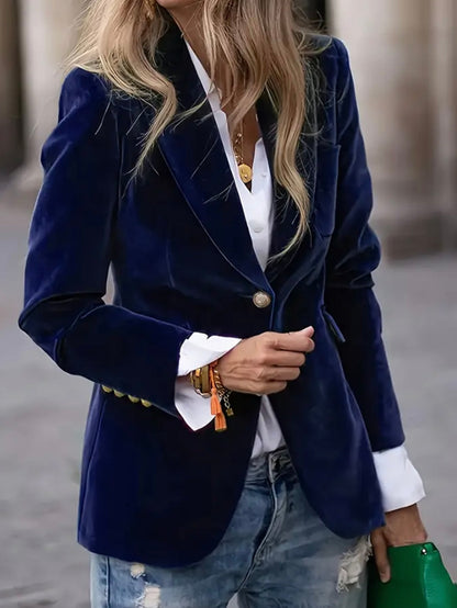 Velvet tailored blazer with gold button detail for women | Noctelle